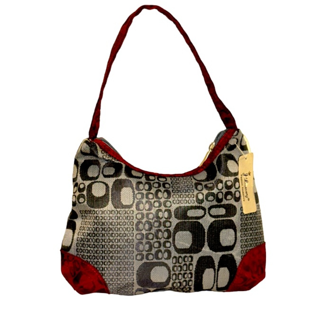 J Fashion Baguette Shoulder mini Bag hobo Canvas Gray Burgundy Black  10”X 8.8”